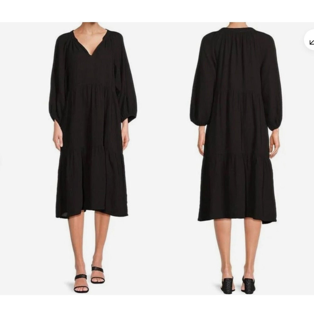 NATION LTD Imani Tiered Long Puff Sleeve Gauze Midi Dress in Black Size L